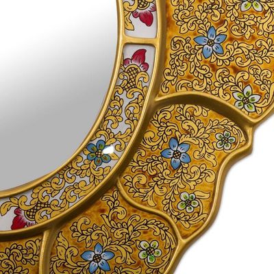 Alternate image for Golden-Hue Baroque-Themed Reverse-Painted Glass Wall Mirror Floral Gold