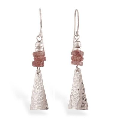 Alternate image for Pyramid-Themed Silver Dangle Earrings with Rose Quartz Gems Pyramids of Serenity