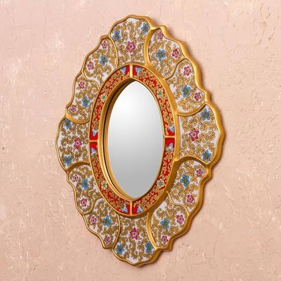 Alternate image for Baroque-Themed Golden-Hue Reverse-Painted Glass Wall Mirror Floral White