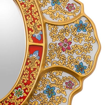 Alternate image for Baroque-Themed Golden-Hue Reverse-Painted Glass Wall Mirror Floral White