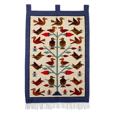 Alternate image for Bird-Themed Handloomed Blue Andean Wool Tapestry from Peru Bird Fauna