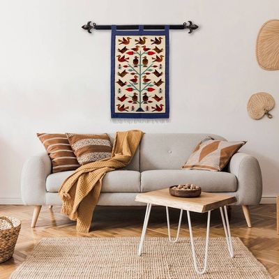 Alternate image for Bird-Themed Handloomed Blue Andean Wool Tapestry from Peru Bird Fauna