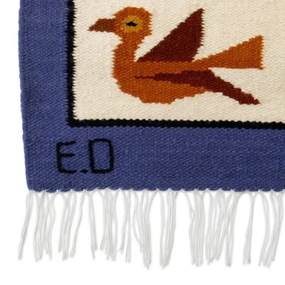 Alternate image for Bird-Themed Handloomed Blue Andean Wool Tapestry from Peru Bird Fauna