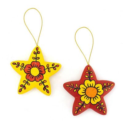 Alternate image for 2 Hand-Painted Ceramic Star Floral Christmas Ornaments Ayacucho Floral Stars