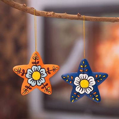 Alternate image for 2 Orange Blue Star Floral-Themed Ceramic Christmas Ornaments Ayacucho Flowered Stars
