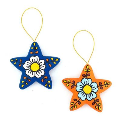 Alternate image for 2 Orange Blue Star Floral-Themed Ceramic Christmas Ornaments Ayacucho Flowered Stars