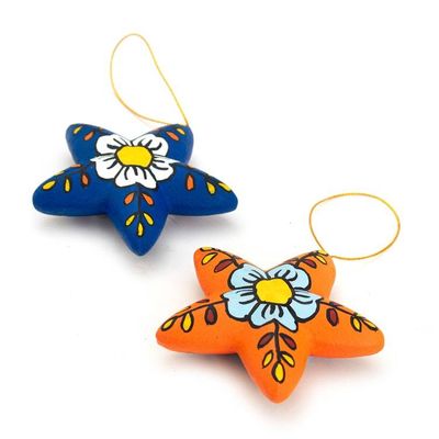 Alternate image for 2 Orange Blue Star Floral-Themed Ceramic Christmas Ornaments Ayacucho Flowered Stars