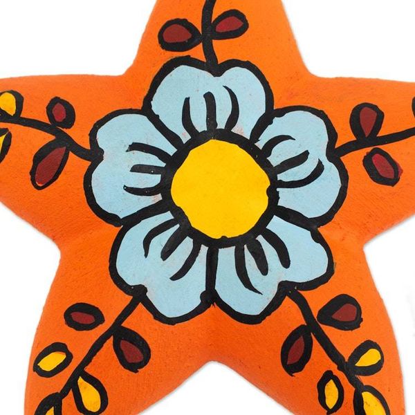 Alternate image for 2 Orange Blue Star Floral-Themed Ceramic Christmas Ornaments Ayacucho Flowered Stars