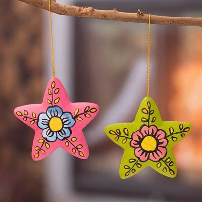 Alternate image for 2 Colorful Ceramic Star-Shaped Floral Christmas Ornaments Ayacucho Bloomed Stars