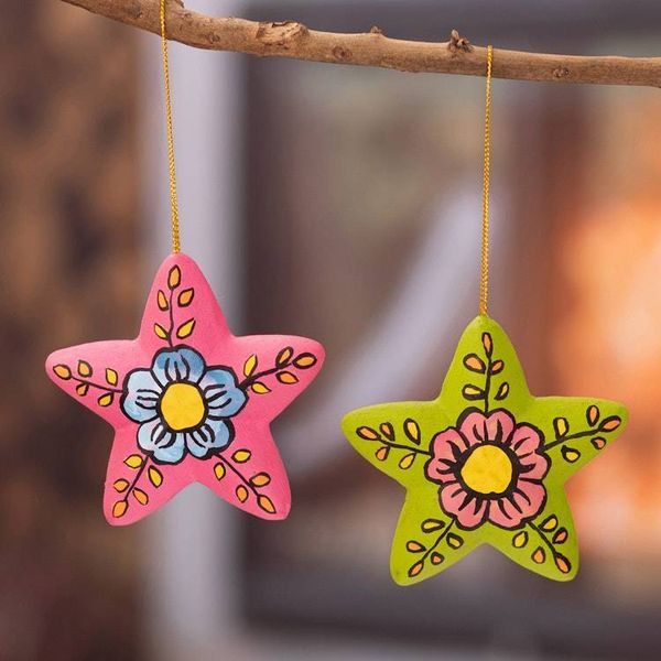 Alternate image for 2 Colorful Ceramic Star-Shaped Floral Christmas Ornaments Ayacucho Bloomed Stars