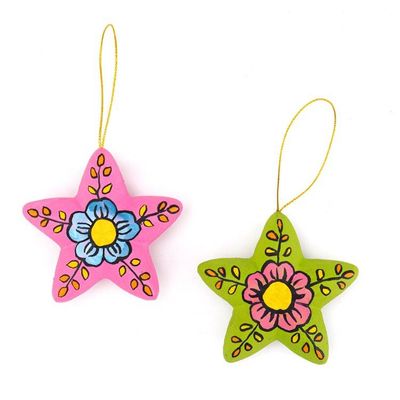 Alternate image for 2 Colorful Ceramic Star-Shaped Floral Christmas Ornaments Ayacucho Bloomed Stars