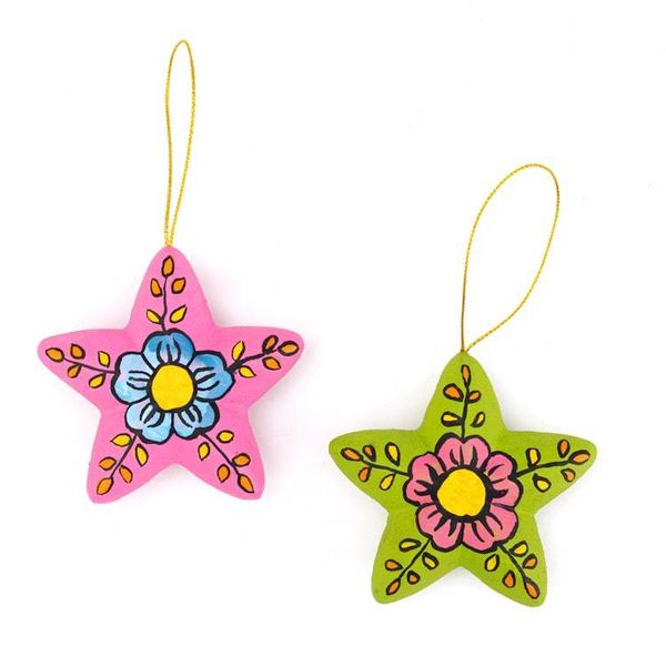 Alternate image for 2 Colorful Ceramic Star-Shaped Floral Christmas Ornaments Ayacucho Bloomed Stars