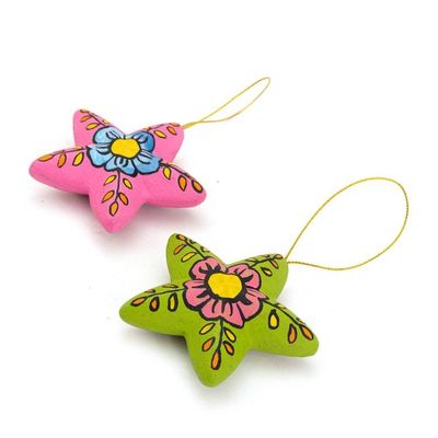 Alternate image for 2 Colorful Ceramic Star-Shaped Floral Christmas Ornaments Ayacucho Bloomed Stars