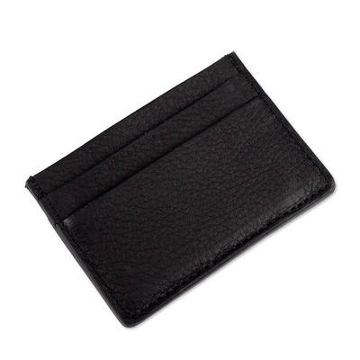 Alternate image for Handmade 4-Slot 100 Leather Card Holder in Onyx Black Hues Modern Onyx