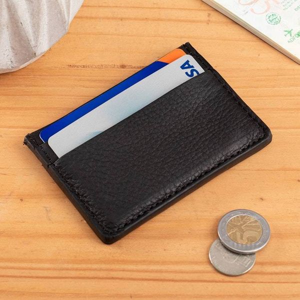 Alternate image for Handmade 4-Slot 100 Leather Card Holder in Onyx Black Hues Modern Onyx