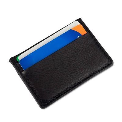 Alternate image for Handmade 4-Slot 100 Leather Card Holder in Onyx Black Hues Modern Onyx