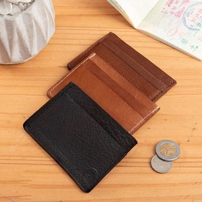 Alternate image for Handmade 4-Slot 100 Leather Card Holder in Onyx Black Hues Modern Onyx