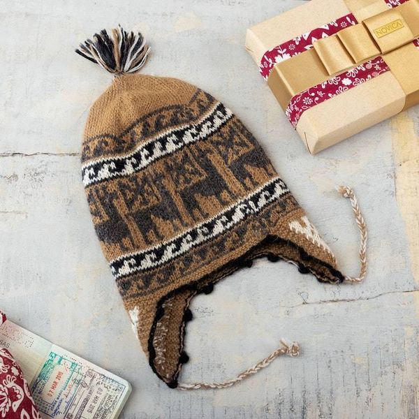 Alternate image for Grey and Brown Alpaca Blend Chullo Hat Llama Shadow