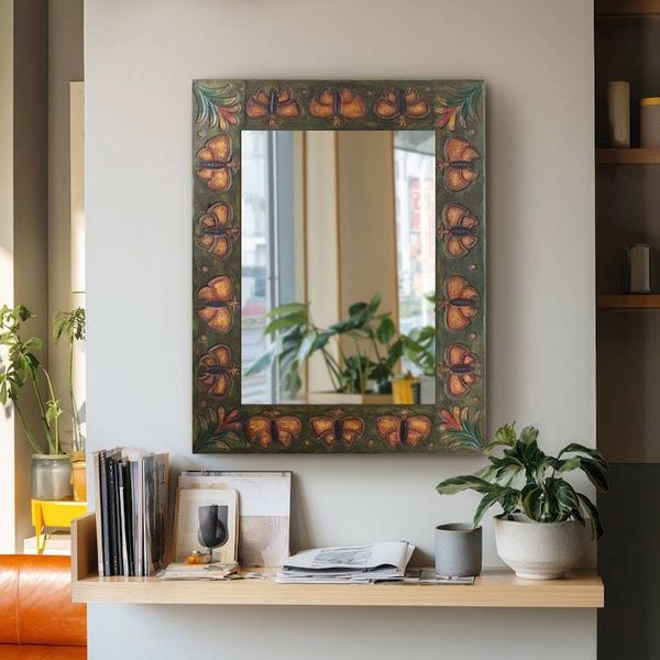 Alternate image for Unique Rectangular Leather Wall Mirror Bronze Butterflies