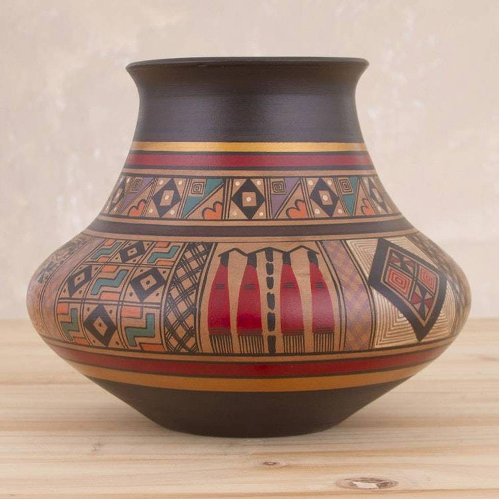 Hand-Painted Inca-Style Ceramic Decorative Vase from Peru 'Incan Ritual'