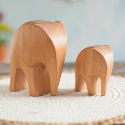 Alternate image for Cedar Wood Elephant Mother and Child Figurines Pair Brown Elephant Motherhood