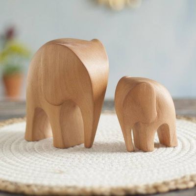 Alternate image for Cedar Wood Elephant Mother and Child Figurines Pair Brown Elephant Motherhood
