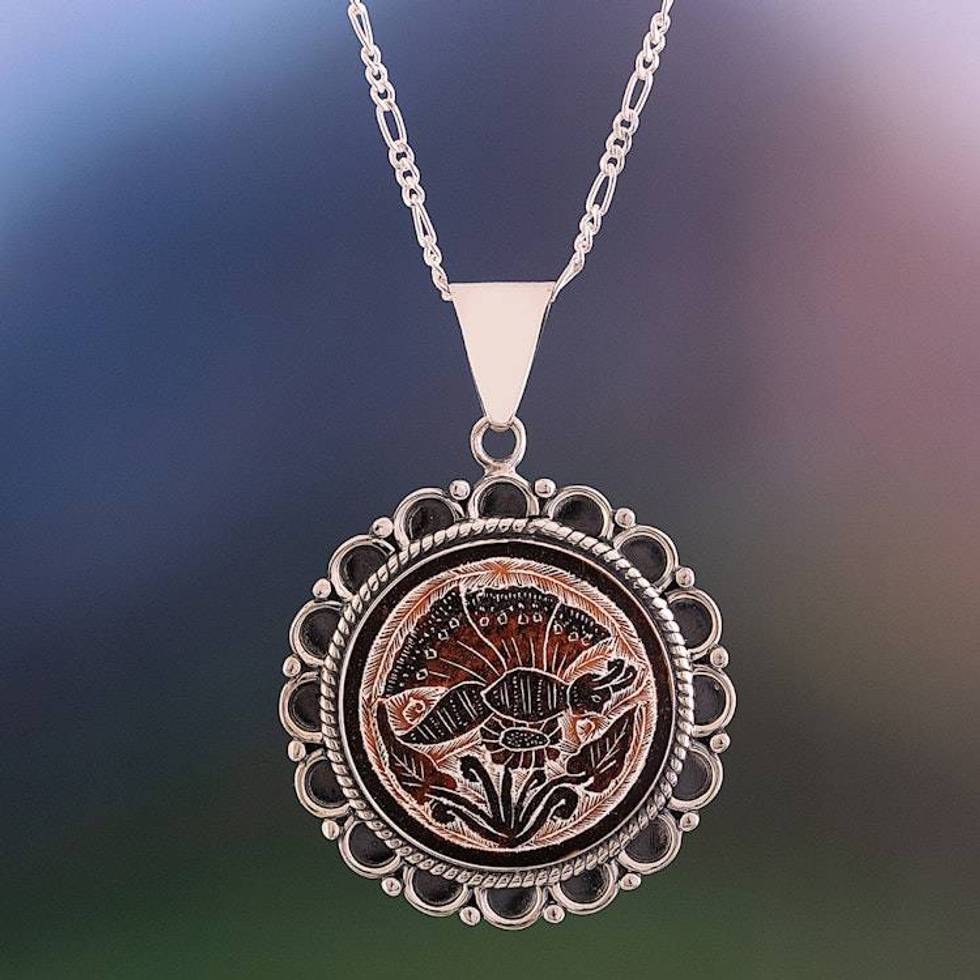 Peruvian Mate Gourd Pendant Necklace 'Daisy Butterfly'
