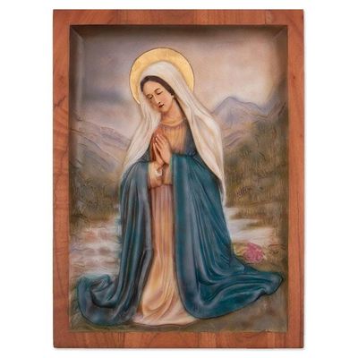Alternate image for Hand-Carved Cedarwood Virgin Mary Relief Panel from Peru Virgin Mary Praying