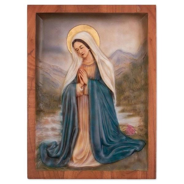 Alternate image for Hand-Carved Cedarwood Virgin Mary Relief Panel from Peru Virgin Mary Praying