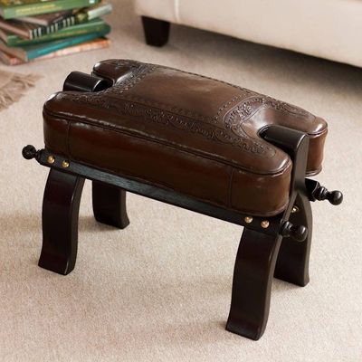 Primary image for Unique Colonial Leather Wood Ottoman Stool Colonial Wreath
