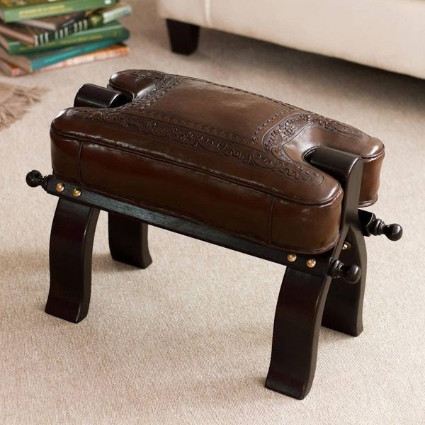 Alternate image for Unique Colonial Leather Wood Ottoman Stool Colonial Wreath