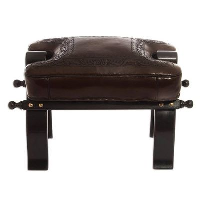 Alternate image for Unique Colonial Leather Wood Ottoman Stool Colonial Wreath