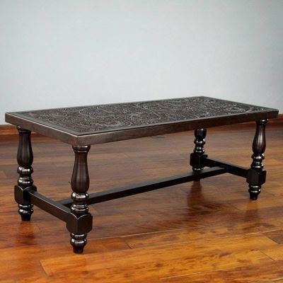 Alternate image for Leather Hand Tooled Wood Coffee Table Andean Ferns