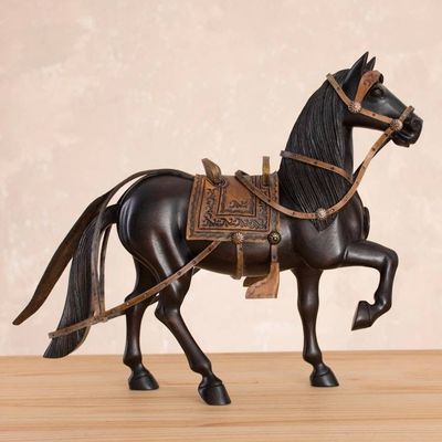 Alternate image for Cedar Wood and Leather Horse Sculpture from Peru 11.5 in. Peruvian Paso Horse