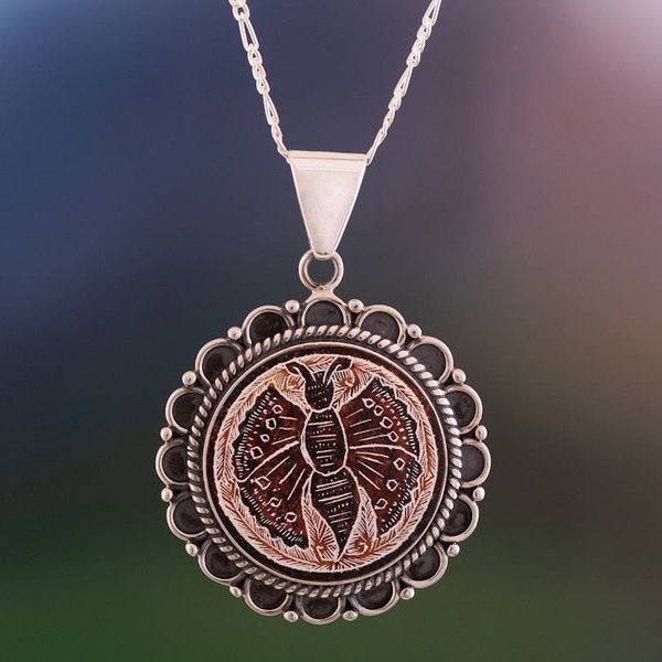 Alternate image for Peruvian Mate Gourd Pendant Necklace Sunflower Butterfly