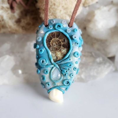 Alternate image for Ammonite, Elk Ivory and Rainbow Moonstone Pendant
