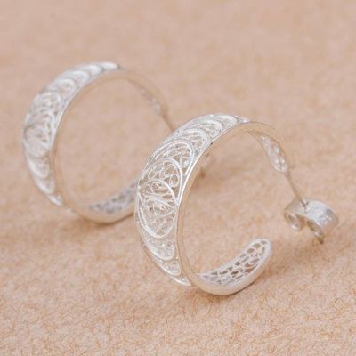 Alternate image for 950 Silver Filigree Half Hoop Earrings from Peru Sparkling Crescents