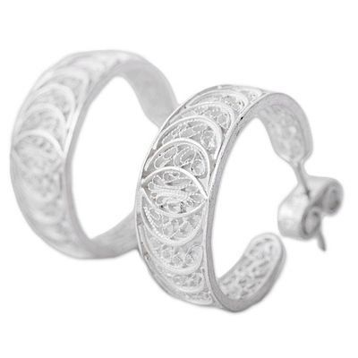 Alternate image for 950 Silver Filigree Half Hoop Earrings from Peru Sparkling Crescents