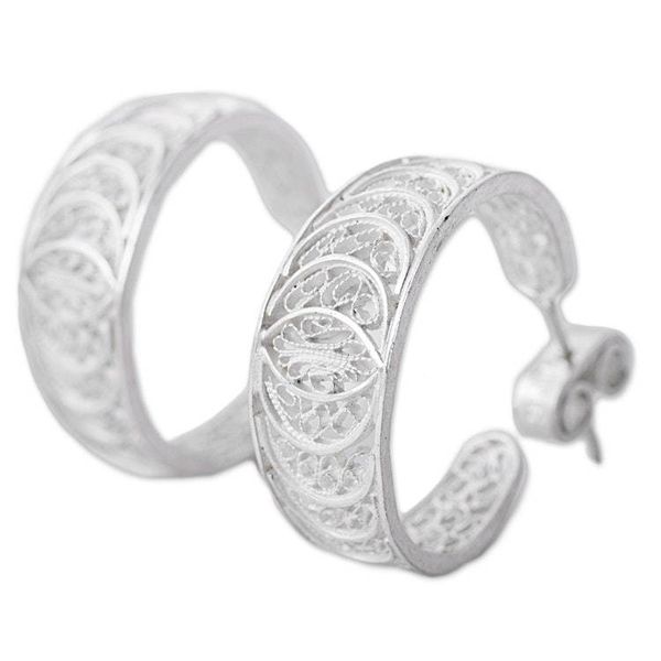 Alternate image for 950 Silver Filigree Half Hoop Earrings from Peru Sparkling Crescents