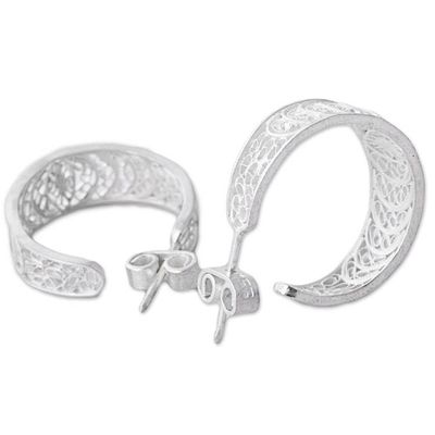 Alternate image for 950 Silver Filigree Half Hoop Earrings from Peru Sparkling Crescents