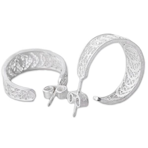 Alternate image for 950 Silver Filigree Half Hoop Earrings from Peru Sparkling Crescents