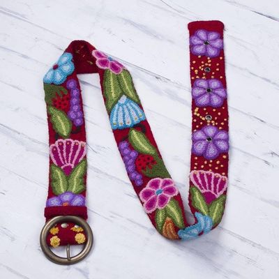 Alternate image for Embroidered Floral Wool Belt in Cherry from Peru Garden Fashion in Cherry