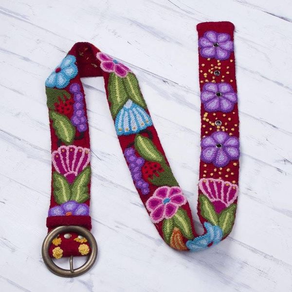 Alternate image for Embroidered Floral Wool Belt in Cherry from Peru Garden Fashion in Cherry