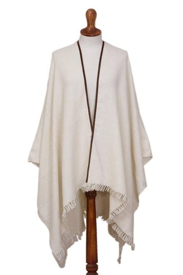 Alternate image for Cream 100 Baby Alpaca Wool Suede Trimmed Fringed Ruana Dreamy Cloud