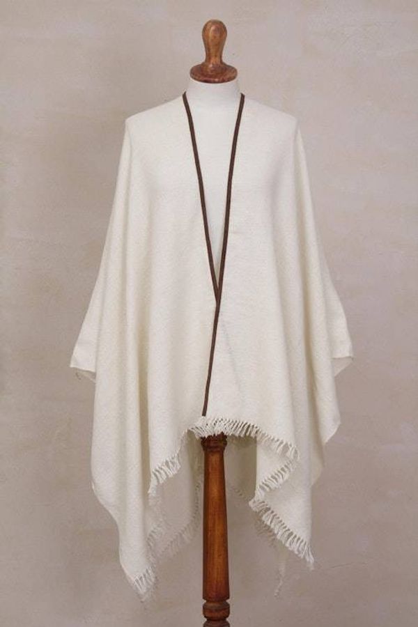 Alternate image for Cream 100 Baby Alpaca Wool Suede Trimmed Fringed Ruana Dreamy Cloud