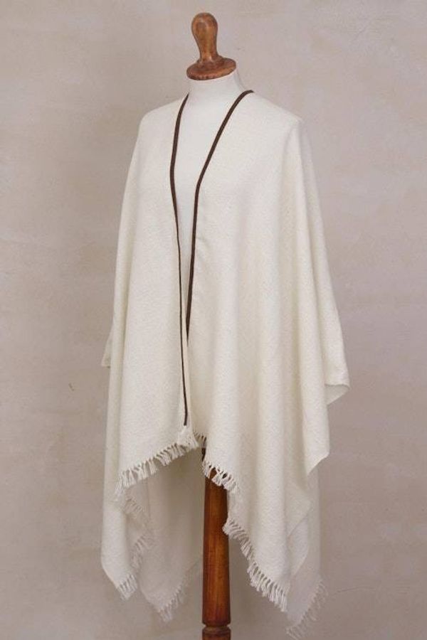 Alternate image for Cream 100 Baby Alpaca Wool Suede Trimmed Fringed Ruana Dreamy Cloud
