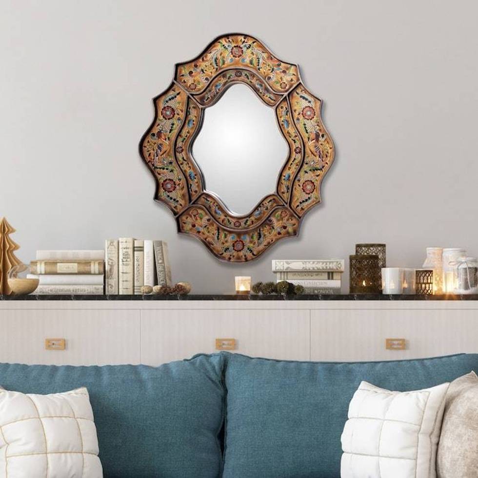 Reverse Painted Glass Floral Handmade Mirror 'Song of Spring'