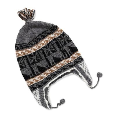 Alternate image for Crocheted Alpaca Blend Andean Chullo Hat with Llama Motifs Llama Silhouette in Grey