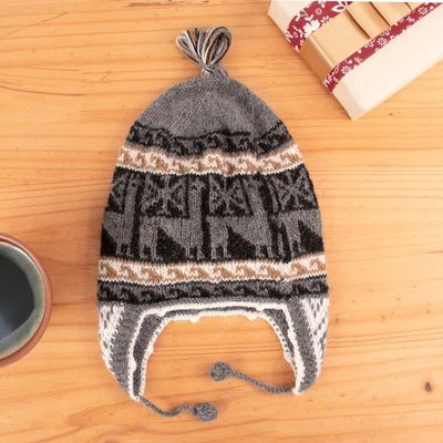 Alternate image for Crocheted Alpaca Blend Andean Chullo Hat with Llama Motifs Llama Silhouette in Grey