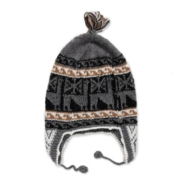 Alternate image for Crocheted Alpaca Blend Andean Chullo Hat with Llama Motifs Llama Silhouette in Grey